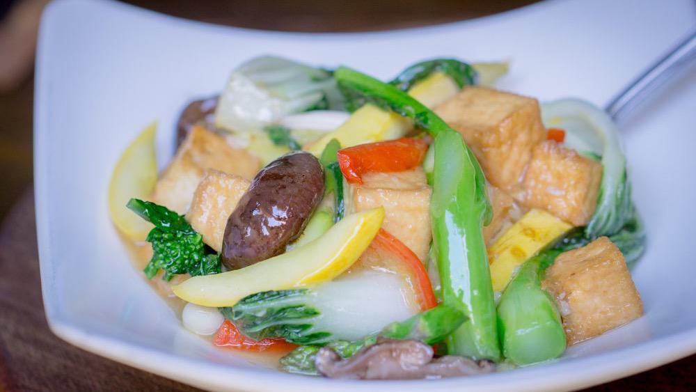 Braised Tofu & Vegetables · Crispy silk tofu, baby bok choy, Chinese broccoli, squash, mushrooms.