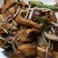 Beef Chow Fun · Flat rice noodles, bell peppers, scallion, sprouts, x.o. soy demi-glace.