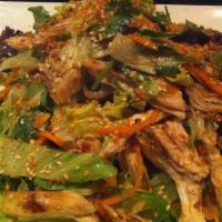 Chicken Salad · Chinese 5 spiced grilled chicken, Iceberg lettuce,cucumber,  cilantro, orange, roasted peanu...