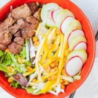 Salad with Pork · Lemongrass pork, organic lettuces, cucumber, radish, jicama, mango, spicy peanuts, with sesa...