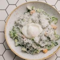 Caesar Salad · Romaine, watercress, poached egg, parmigiano reggiano, black garlic caesar dressing, house c...