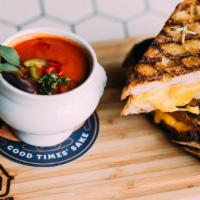Grilled Cheese and Spicy Tomato Soup · Sourdough, aged cheddar (vegetarian)