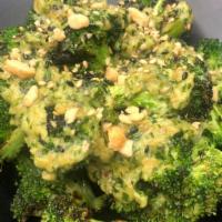 Grilled Pesto Broccoli · Arugula soy pesto, peanuts, furikake.