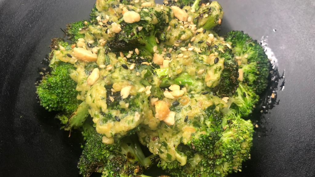 Grilled Pesto Broccoli · Arugula soy pesto, peanuts, furikake.