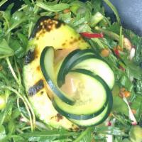 Grilled Avocado Arugula Salad · (Vegan,Gluten-free) Tamari, sunflower seeds, scallions.