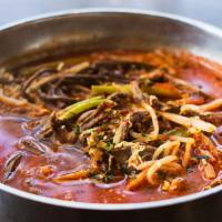 Spicy Beef Stew (Dinner) · Shredded brisket, bean sprouts, glass noodles, scallions, and egg. Broth is made with kelp a...