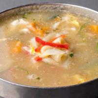 Rice Cake Soup (Dinner) · It can be made as vegetarian. Sliced rice cakes with beef, scallions, and egg.