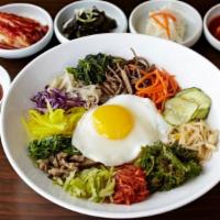 Bibimbop · Build your own rice bowl. A bed of rice with spinach, mushroom, radish, julienned carrots, b...