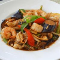 Ocean Thai Seafood (Pad Phed Talay) · Seafood combination stir-fried in red chili sauce with galangal, lemongrass, kaffir lime lea...