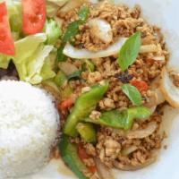 Basil Stir-Fry · Your choice of meat stir-fried with fresh ground chili and garlic, bell peppers, onions and ...
