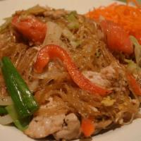 Glass Noodle Stir-Fry · Glass noodle stir-fried with eggs, cabbage, baby corn, snow peas, tomatoes, mushrooms, onion...
