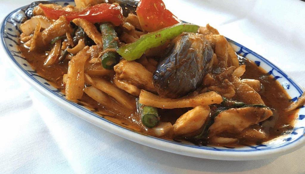 Spicy Stir-Fried (Pad Phed) · Your choice of meat stir-fried with eggplant, bamboo shoots, onions, bell peppers, basil leaves in a Thai chili paste.