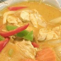 Yellow Curry  (Gaeng Garee) · Potatoes, carrots, onions and bell peppers in a Thai yellow coconut milk curry.