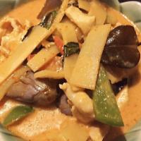 Red Curry (Gaeng Phed) · Eggplant, bamboo shoots, bell peppers and basil leaves in Thai red coconut milk curry.