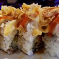 Gilroy Roll · Spicy. In: shrimp tempura, cucumber, and spicy tuna. Out: imitation crab, three sauce, and f...