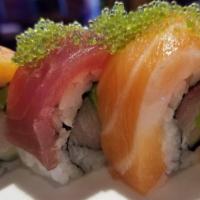 Julia Roll  · In: hamachi, avocado, and cucumber. Out: tuna, salmon, and wasabi tobiko.