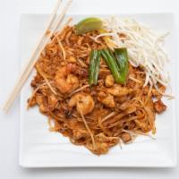 N6. Pad Thai · Chicken & Shrimp, rice noodles wok-fried with egg, tofu, bean sprouts, scallions, ground pea...
