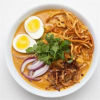 N9. Curry Laksa (Curry Mee) · Medium Spicy. Chicken & Shrimp, egg noodles, bean sprouts, boiled egg, crispy noodles and ca...