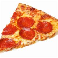 Pepperoni Pizza Slice · Pepperoni slices topped on cheese pizza.