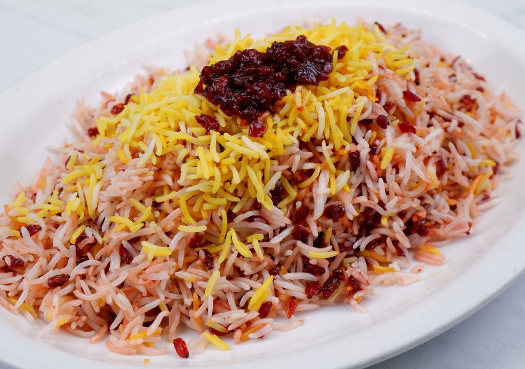 Zereshk Polo · Barberries and saffron in basmati rice.