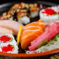 Deluxe Special · Two pieces tuna, two pieces salmon, two pieces hamachi sashimi, six pieces California roll, ...