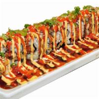 Fire Cracker Roll · Ten pieces. Spicy salmon tempura roll, topped with special house sauce.