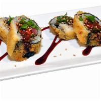 TNT Roll · Tuna avocado roll cut into eight pieces and then tempura, topped with house spicy sauce.