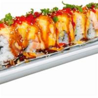 Lion King Roll · Top item. California roll inside and salmon on top then spicy mayo baked to perfection.