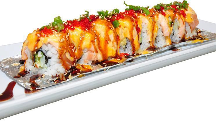 Lion King Roll · Top item. California roll inside and salmon on top then spicy mayo baked to perfection.