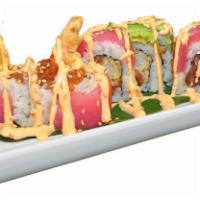 I.H. Roll · Top item. Tempura shrimp, spicy tuna inside, topped with tuna, avocado, and spicy mayo.