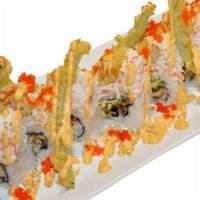 Godzilla Roll · Tempura unagi, avocado and crabmeat, tempura shrimp and tempura cucumber on top.
