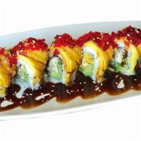 Mango Spider Roll · Avocado, cucumber, soft shell crab, wrapped fresh mango and tobiko on top.