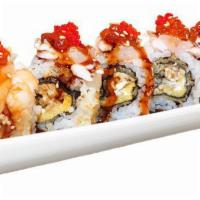 R.J. Roll · Minced unagi, tempura shrimp inside, topped with avocado, ebi, scallops, salmon roe, and tob...