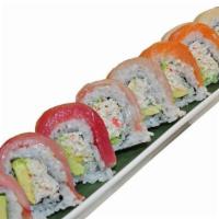 Rainbow Roll · Top menu item. California roll inside and five kinds of fish on top.