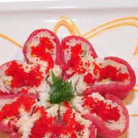 Cherry Blossom Roll · California roll inside and tuna, tobiko on top.