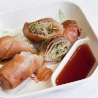 Vegetable Egg Rolls (2) · Fried egg rolls filled with shredded vegetables. Served with sweet and sour sauce. Two pieces.