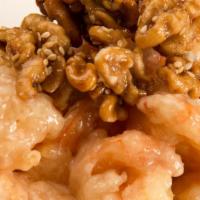 Prawns with Honey Walnuts · Fried prawns lightly coated with mayonnaise. Served with honey walnuts.