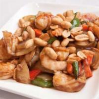 Kung Pao Prawns (Spicy) · Prawns sautéed with bamboo shoots, bell peppers, mushrooms, onions, and peanuts in our spicy...