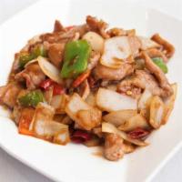 Szechuan Pork (Spicy) · Sautéed sliced pork tossed with red chili peppers and onion in a spicy chili sauce.