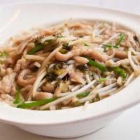 Snow Cabbage & Shredded Pork with Rice Noodle Soup - Dinner · Snow cabbage, shredded pork, and bean sprouts with rice noodle soup.