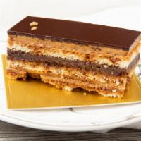 Opera · Almond Sponge Soaked in Coffee Syrup w/ Chocolate Ganache.
