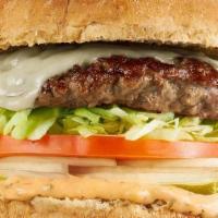 Lounge Burger · 100% Grass-fed American Beef, Cheddar Cheese, Lettuce, Tomato, Onion, Pickles, BL 1000 Islan...