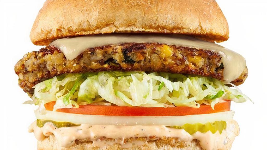 Ancient Grain Burger · Quinoa / Veggie Patty, Choice of Cheddar Cheese or Vegan Cheddar, Lettuce, Tomato, Onion, Pickles, BL 1000