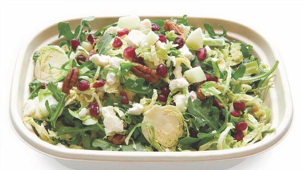 Seasonal Farmhouse Salad · Baby arugula, Shaved Brussels Sprouts, candied pecans, pomegranate seeds, goat cheese, apples, with a maple-dijon vinaigrette dressing.