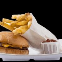Kid'S Cheeseburger Meal · Includes Fries, House Drink, Juice or Milk, and a Scoop of Ice Cream