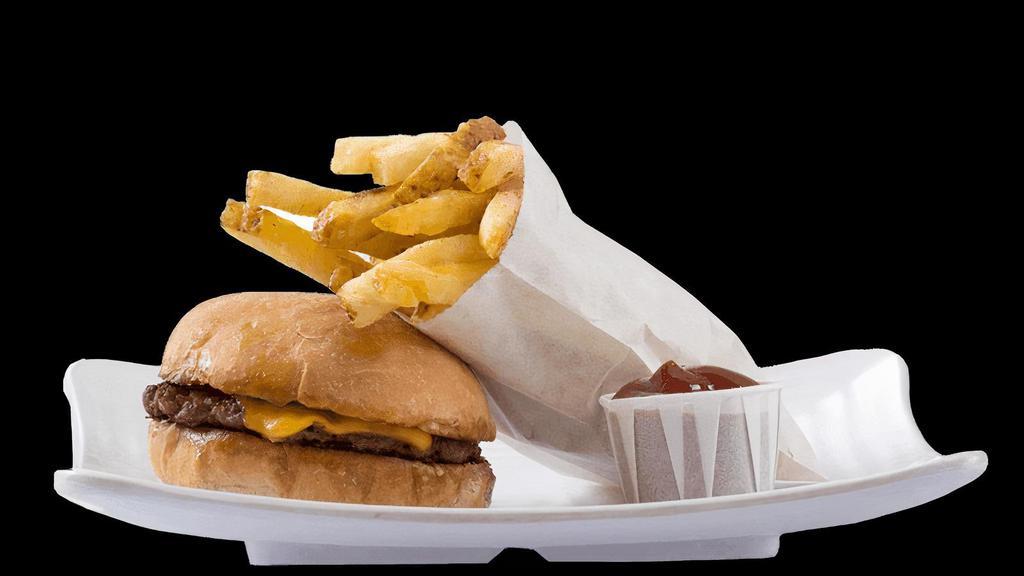 Kid'S Cheeseburger Meal · Includes Fries, House Drink, Juice or Milk, and a Scoop of Ice Cream
