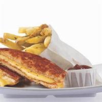 Kid'S Grilled Cheese Meal · Includes Fries, House Drink, Juice or Milk, and a Scoop of Ice Cream