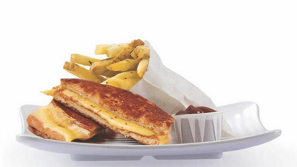 Kid'S Grilled Cheese Meal · Includes Fries, House Drink, Juice or Milk, and a Scoop of Ice Cream