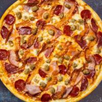 Mighty Meaty Pizza · Pepperoni, ham, salami, sausage, and beef baked on a hand-tossed dough.