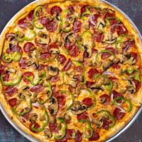 Cornucopia Rustic Pizza · Pepperoni, ham, mushrooms, salami, sausage, red onions, bell peppers, tomatoes, and black ol...